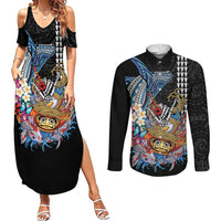 Personalized Japanese Koi Fish Ramen Couples Matching Summer Maxi Dress and Long Sleeve Button Shirt Aloha Shark Kakau Pattern LT9 Black - Polynesian Pride