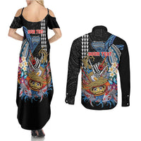 Personalized Japanese Koi Fish Ramen Couples Matching Summer Maxi Dress and Long Sleeve Button Shirt Aloha Shark Kakau Pattern LT9 - Polynesian Pride