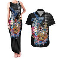 Personalized Japanese Koi Fish Ramen Couples Matching Tank Maxi Dress and Hawaiian Shirt Aloha Shark Kakau Pattern LT9 Black - Polynesian Pride