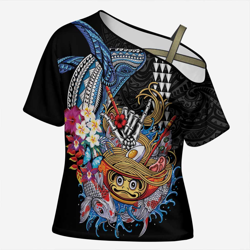 Personalized Japanese Koi Fish Ramen Cross Shoulder Shirt Aloha Shark Kakau Pattern