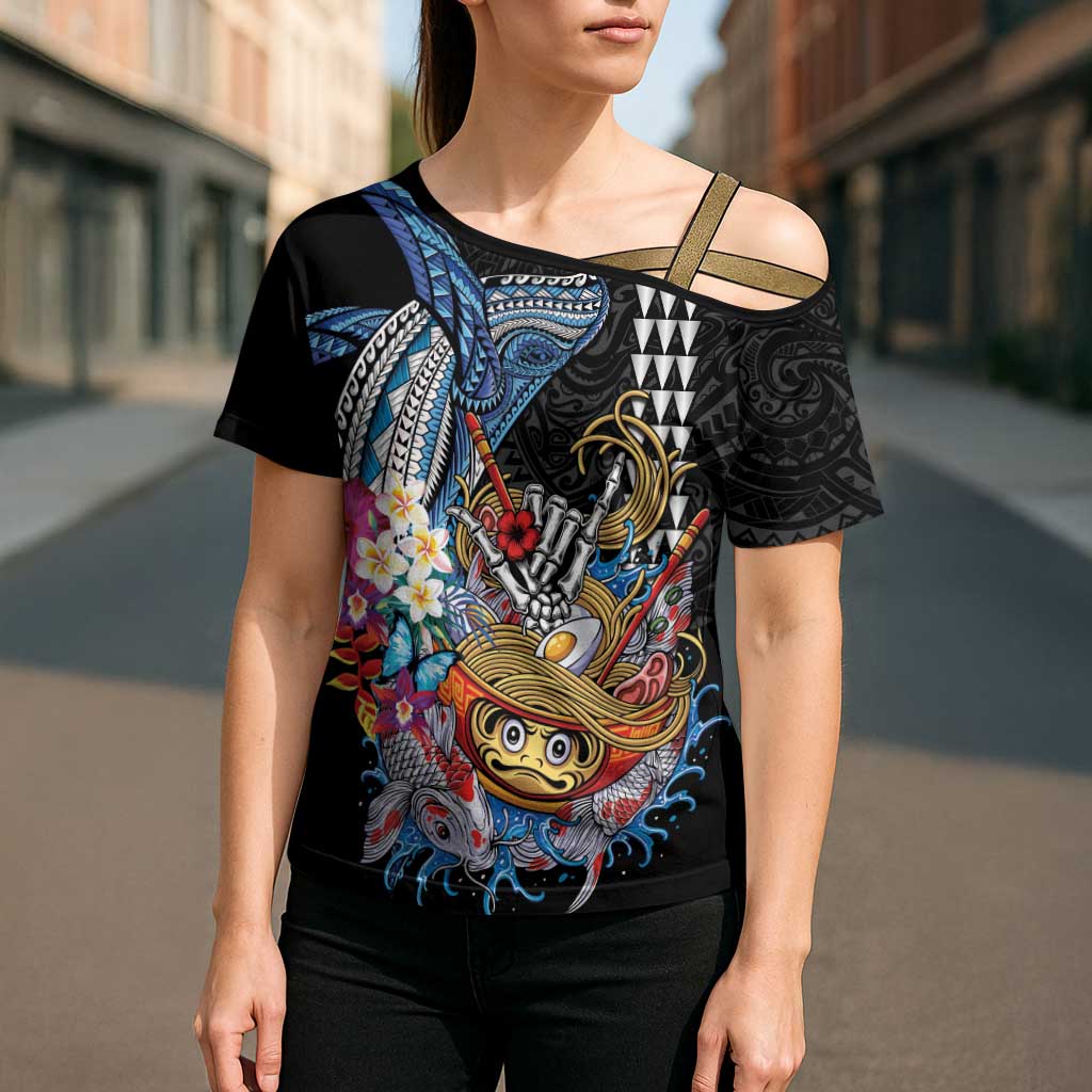 Personalized Japanese Koi Fish Ramen Cross Shoulder Shirt Aloha Shark Kakau Pattern