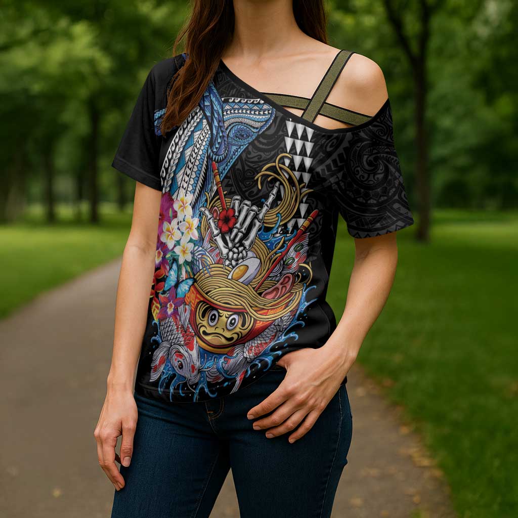 Personalized Japanese Koi Fish Ramen Cross Shoulder Shirt Aloha Shark Kakau Pattern