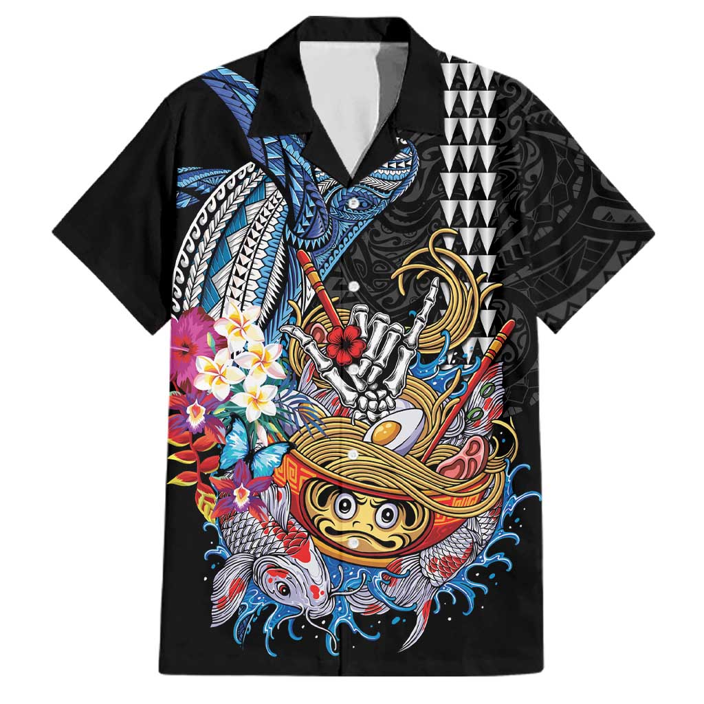 Personalized Japanese Koi Fish Ramen Family Matching Puletasi and Hawaiian Shirt Aloha Shark Kakau Pattern LT9 Dad's Shirt - Short Sleeve Black - Polynesian Pride
