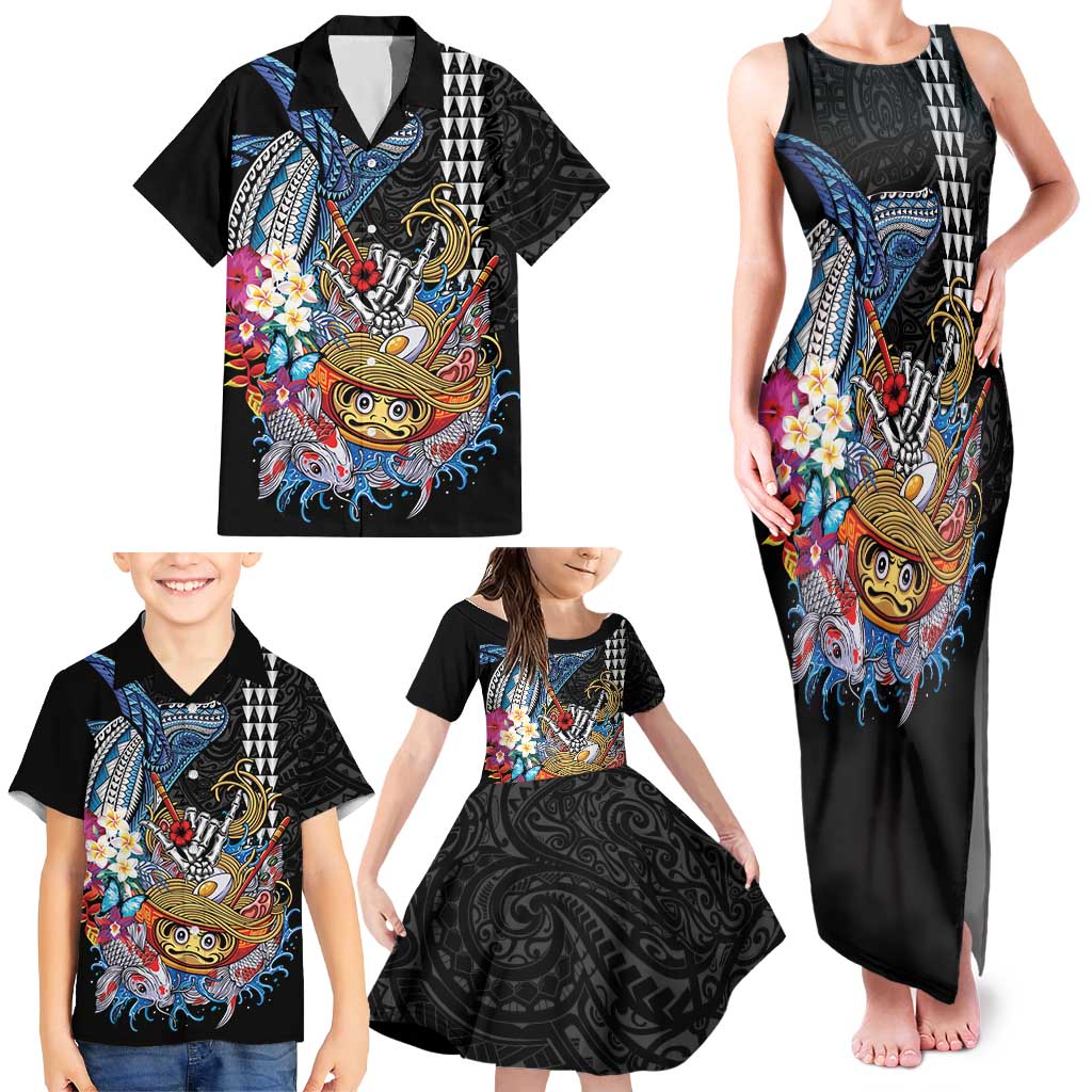 Personalized Japanese Koi Fish Ramen Family Matching Tank Maxi Dress and Hawaiian Shirt Aloha Shark Kakau Pattern LT9 - Polynesian Pride