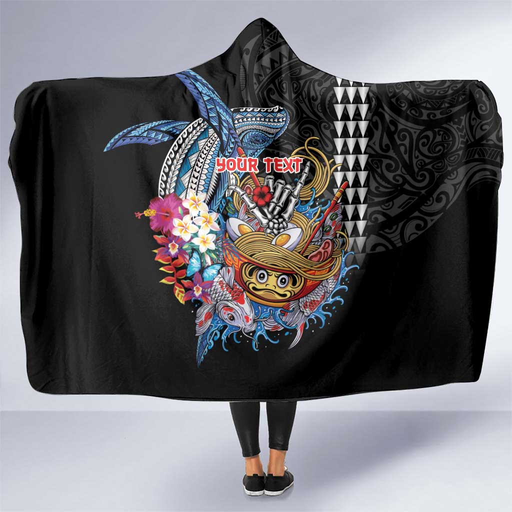Personalized Japanese Koi Fish Ramen Hooded Blanket Aloha Shark Kakau Pattern LT9 One Size Black - Polynesian Pride