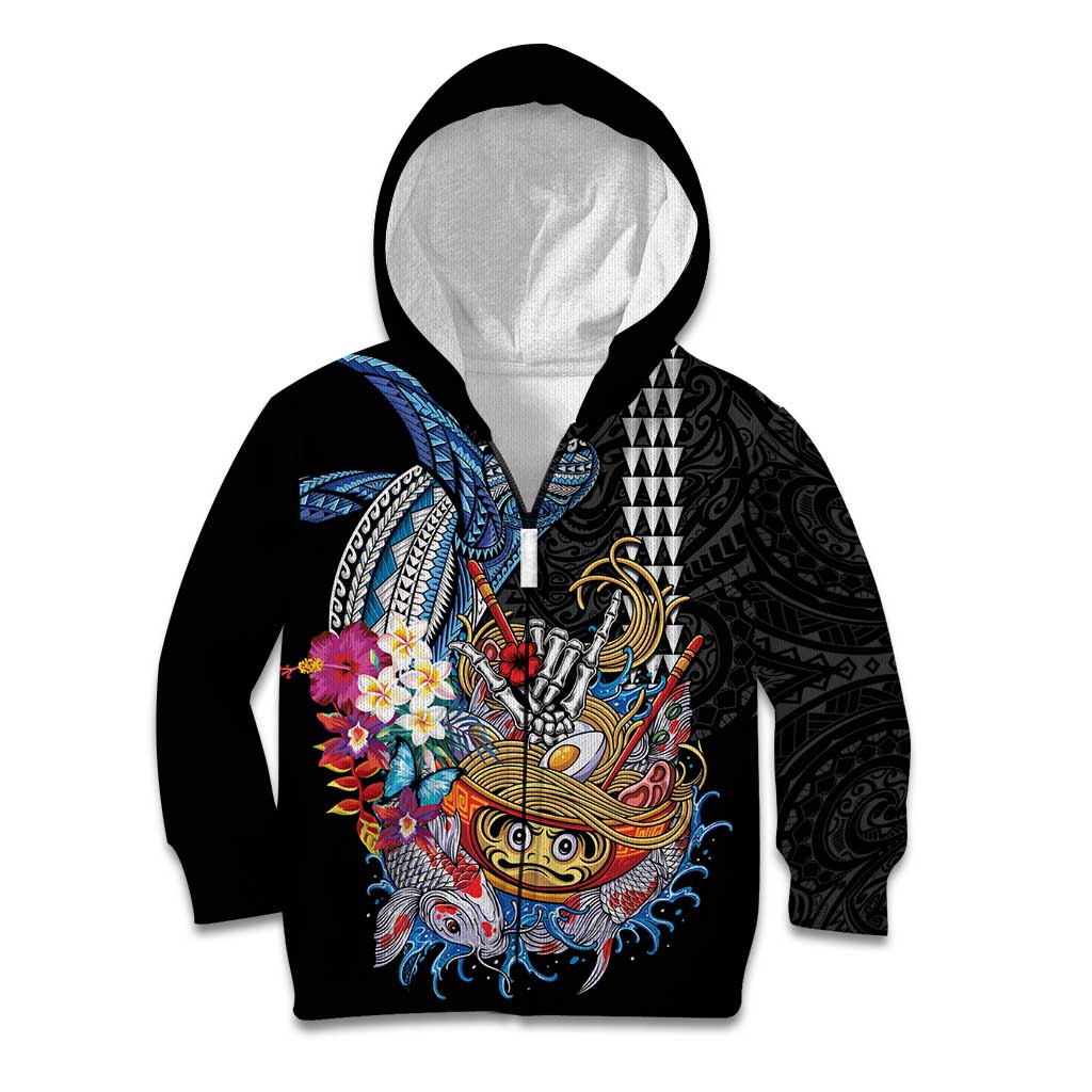 Personalized Japanese Koi Fish Ramen Kid Hoodie Aloha Shark Kakau Pattern LT9 Zip Hoodie Black - Polynesian Pride