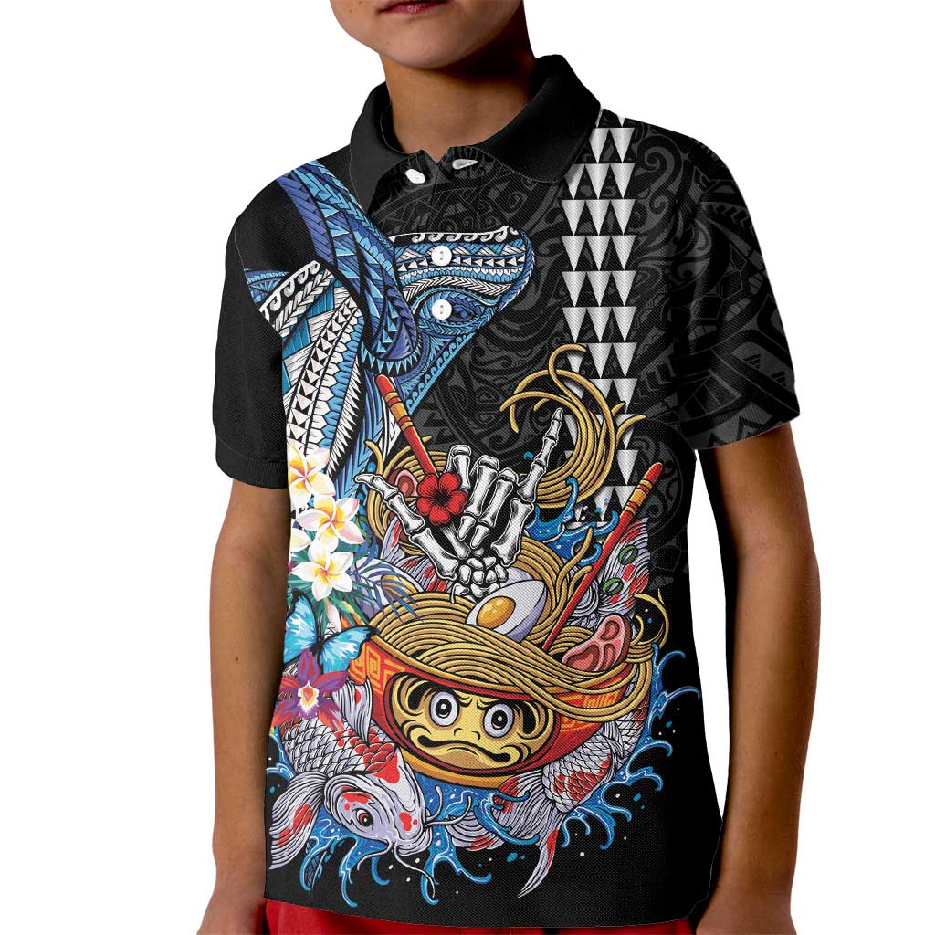 Personalized Japanese Koi Fish Ramen Kid Polo Shirt Aloha Shark Kakau Pattern LT9 Kid Black - Polynesian Pride