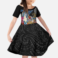 Personalized Japanese Koi Fish Ramen Kid Short Sleeve Dress Aloha Shark Kakau Pattern LT9 KID Black - Polynesian Pride