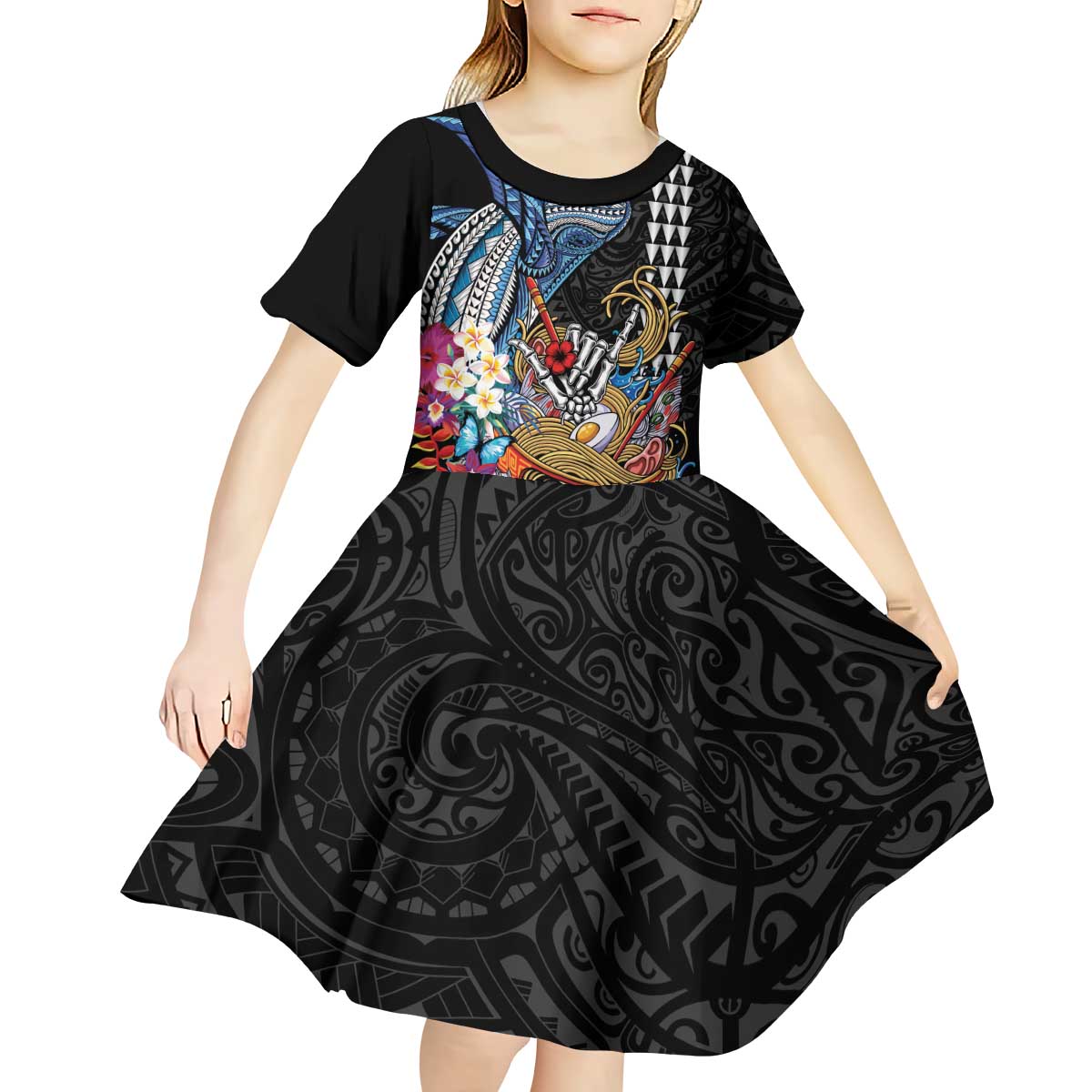Personalized Japanese Koi Fish Ramen Kid Short Sleeve Dress Aloha Shark Kakau Pattern LT9 - Polynesian Pride