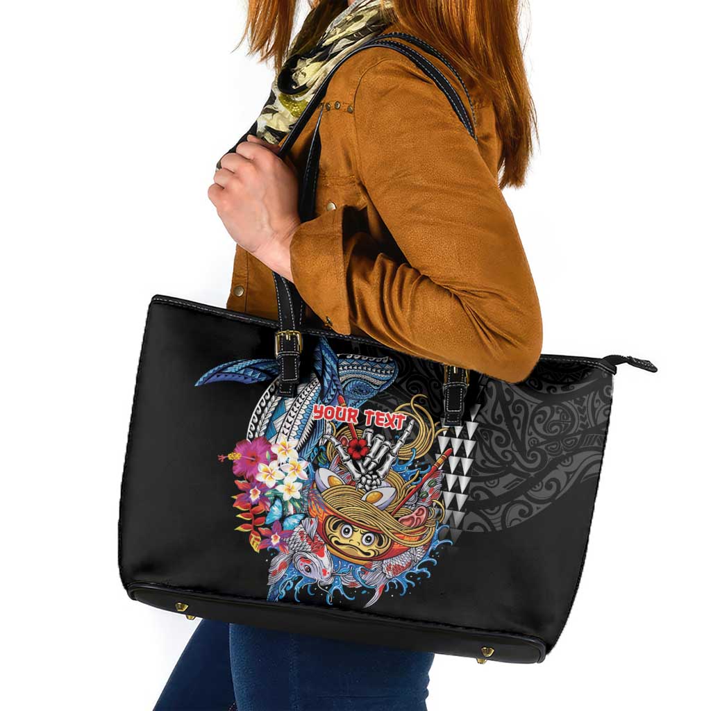 Personalized Japanese Koi Fish Ramen Leather Tote Bag Aloha Shark Kakau Pattern LT9 Black - Polynesian Pride