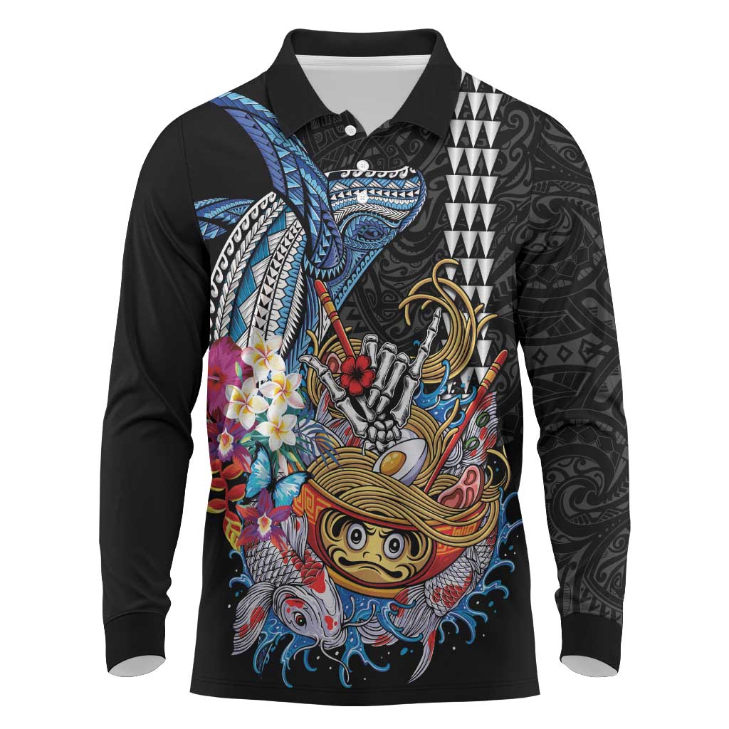 Personalized Japanese Koi Fish Ramen Long Sleeve Polo Shirt Aloha Shark Kakau Pattern LT9 Black - Polynesian Pride