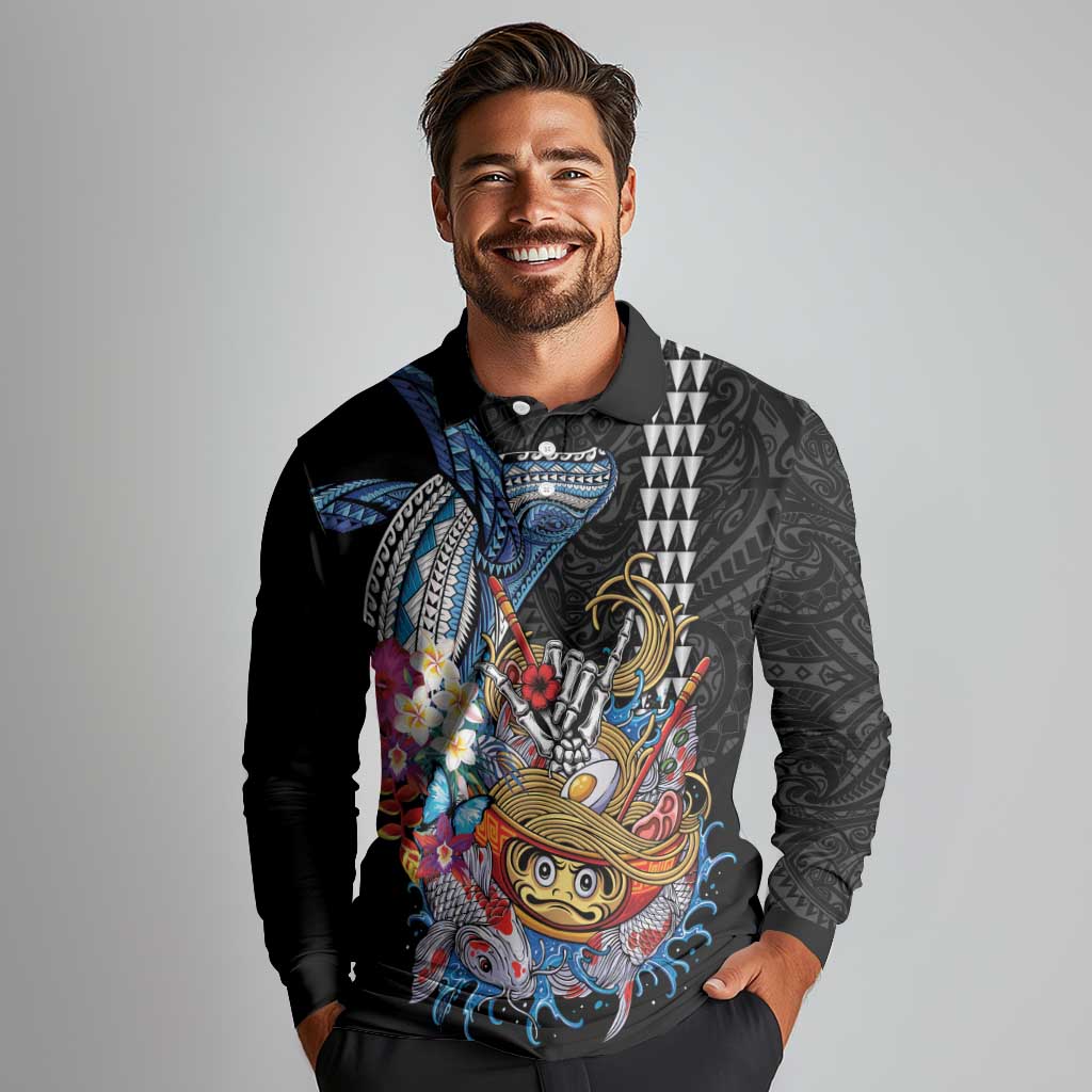 Personalized Japanese Koi Fish Ramen Long Sleeve Polo Shirt Aloha Shark Kakau Pattern LT9 - Polynesian Pride