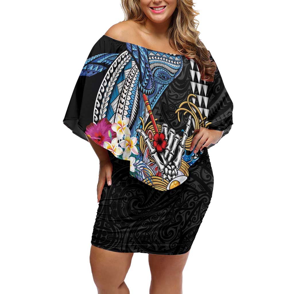 Personalized Japanese Koi Fish Ramen Off Shoulder Short Dress Aloha Shark Kakau Pattern LT9 Women Black - Polynesian Pride