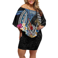 Personalized Japanese Koi Fish Ramen Off Shoulder Short Dress Aloha Shark Kakau Pattern LT9 Women Black - Polynesian Pride