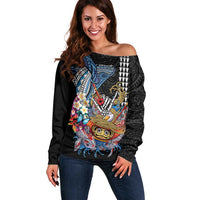 Personalized Japanese Koi Fish Ramen Off Shoulder Sweater Aloha Shark Kakau Pattern LT9 Women Black - Polynesian Pride