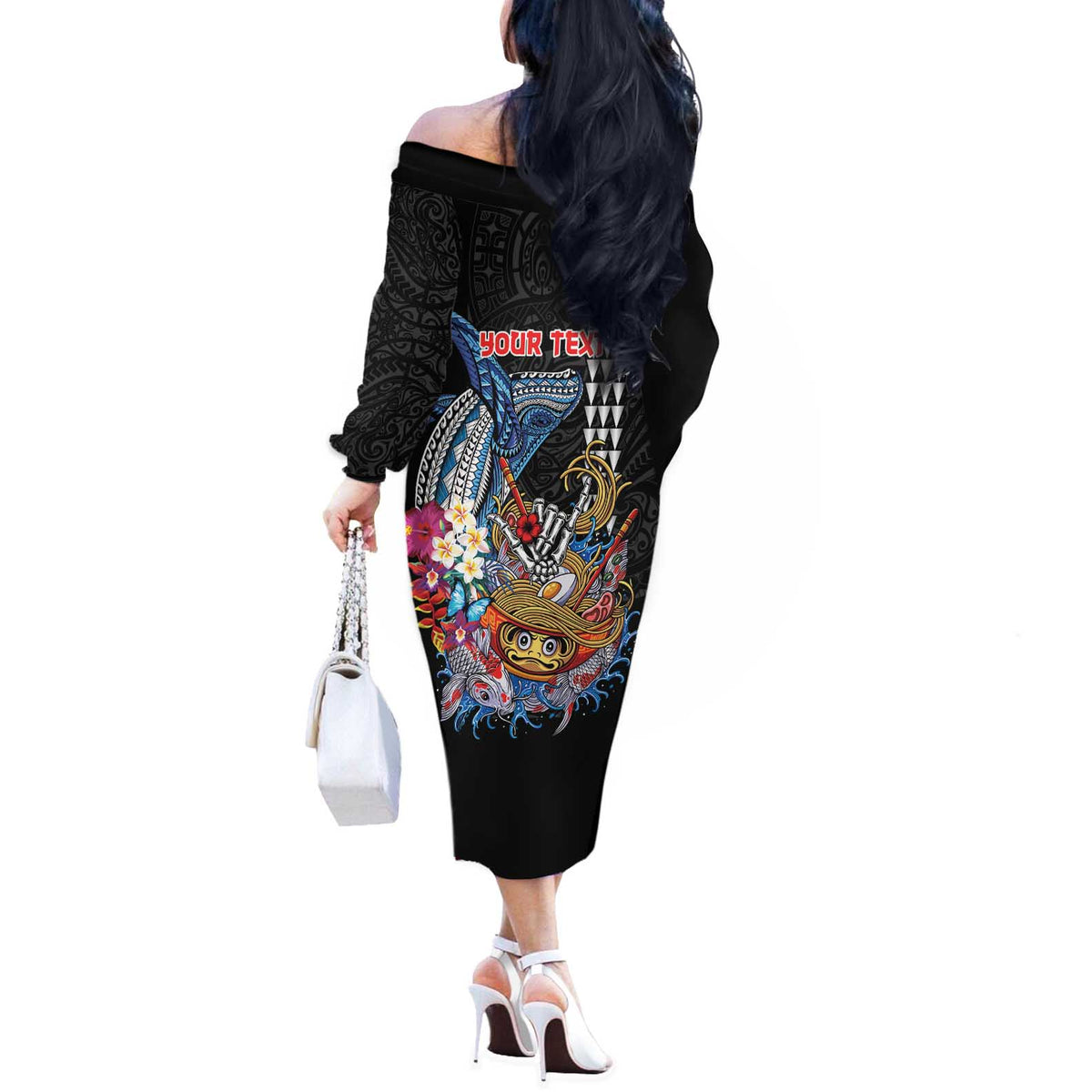 Personalized Japanese Koi Fish Ramen Off The Shoulder Long Sleeve Dress Aloha Shark Kakau Pattern LT9 - Polynesian Pride