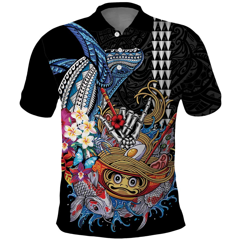 Personalized Japanese Koi Fish Ramen Polo Shirt Aloha Shark Kakau Pattern LT9 Black - Polynesian Pride