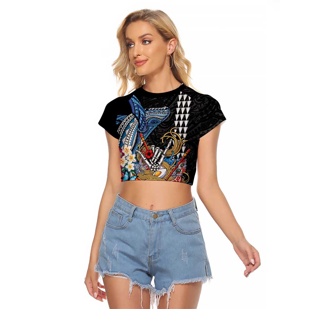 Personalized Japanese Koi Fish Ramen Raglan Cropped T Shirt Aloha Shark Kakau Pattern LT9 Female Black - Polynesian Pride