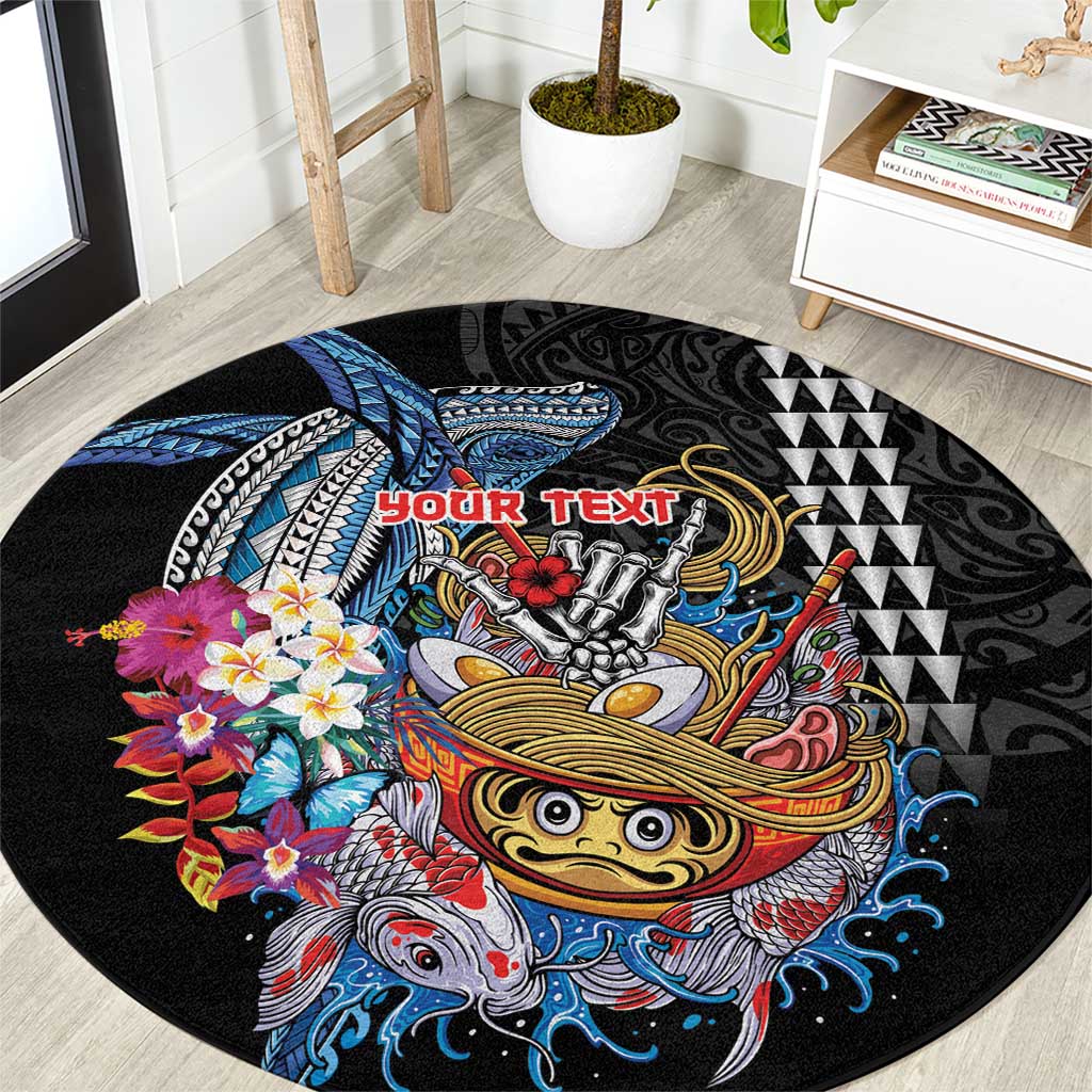 Personalized Japanese Koi Fish Ramen Round Carpet Aloha Shark Kakau Pattern LT9 Black - Polynesian Pride