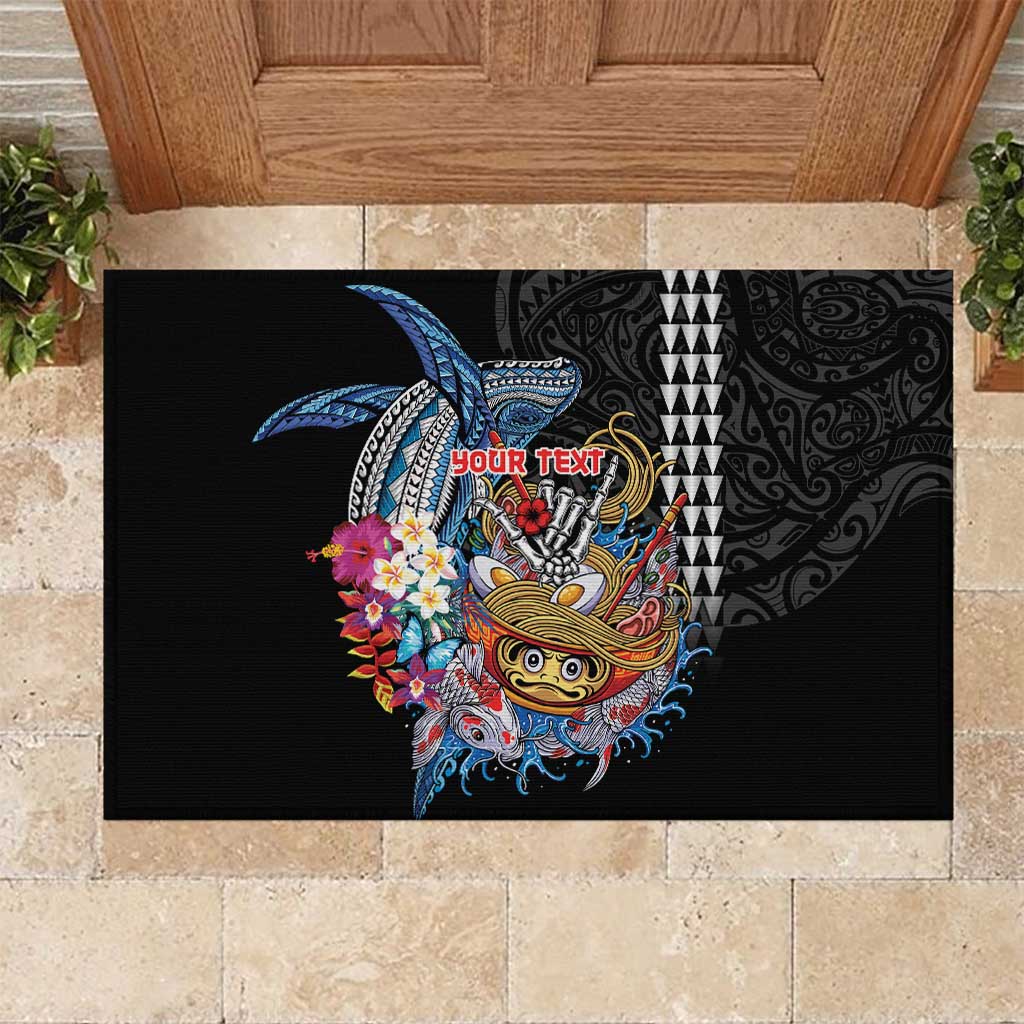 Personalized Japanese Koi Fish Ramen Rubber Doormat Aloha Shark Kakau Pattern LT9 Black - Polynesian Pride
