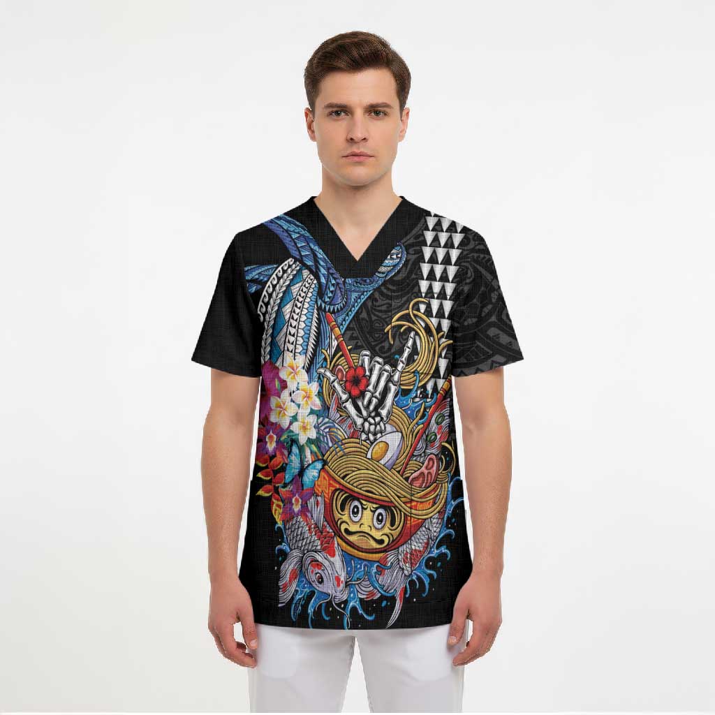 Personalized Japanese Koi Fish Ramen Scrub Top Aloha Shark Kakau Pattern LT9 - Polynesian Pride