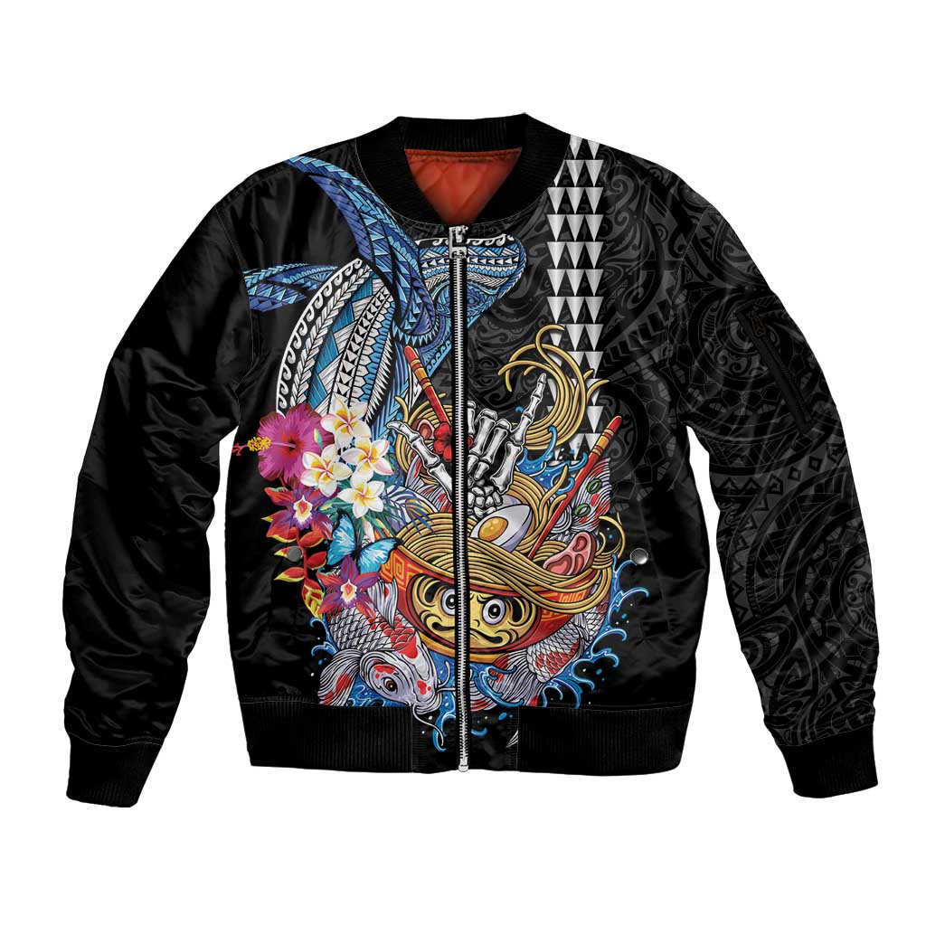 Personalized Japanese Koi Fish Ramen Sleeve Zip Bomber Jacket Aloha Shark Kakau Pattern LT9 Unisex Black - Polynesian Pride