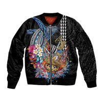Personalized Japanese Koi Fish Ramen Sleeve Zip Bomber Jacket Aloha Shark Kakau Pattern LT9 Unisex Black - Polynesian Pride