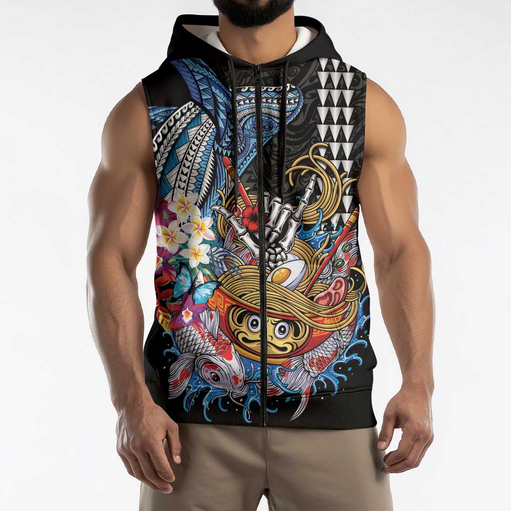 Personalized Japanese Koi Fish Ramen Sleeveless Zip Hoodie Aloha Shark Kakau Pattern LT9 - Polynesian Pride