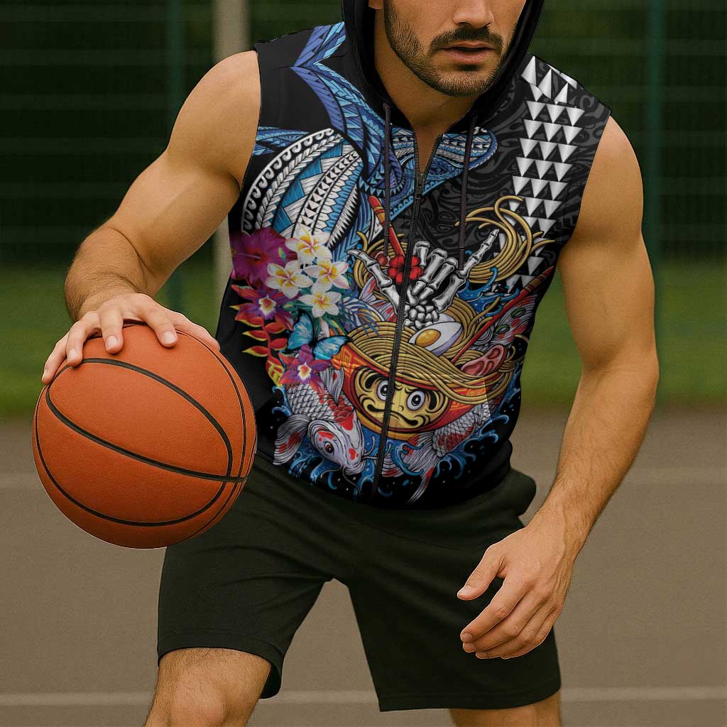 Personalized Japanese Koi Fish Ramen Sleeveless Zip Hoodie Aloha Shark Kakau Pattern LT9 - Polynesian Pride