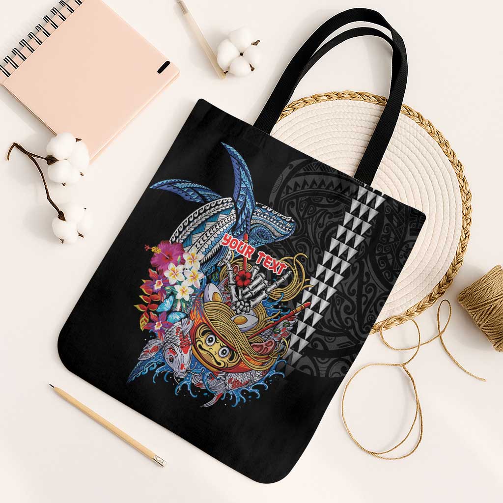 Personalized Japanese Koi Fish Ramen Tote Bag Aloha Shark Kakau Pattern LT9 Black Strap One Size Black - Polynesian Pride