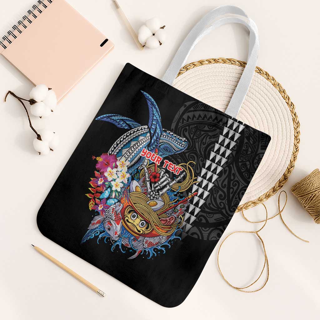 Personalized Japanese Koi Fish Ramen Tote Bag Aloha Shark Kakau Pattern LT9 White Strap One Size Black - Polynesian Pride