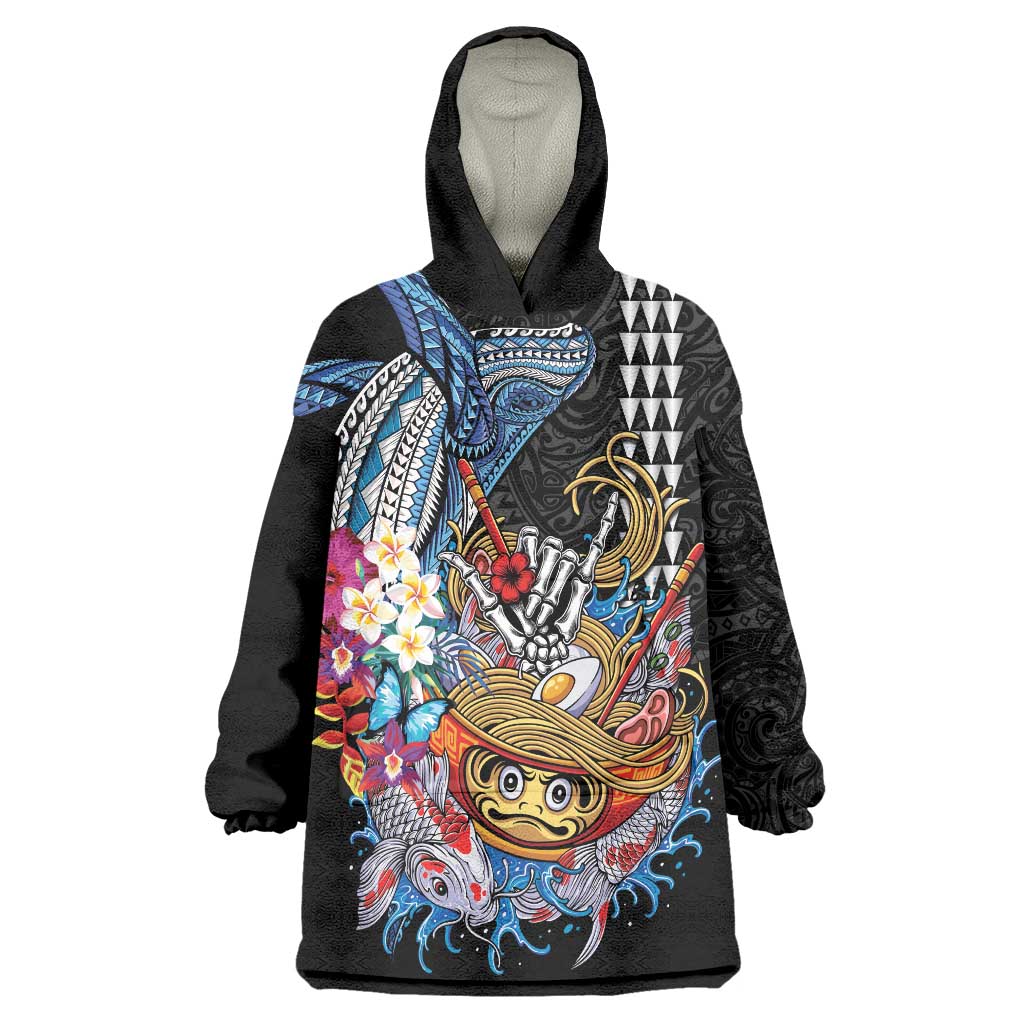 Personalized Japanese Koi Fish Ramen Wearable Blanket Hoodie Aloha Shark Kakau Pattern LT9 One Size Black - Polynesian Pride