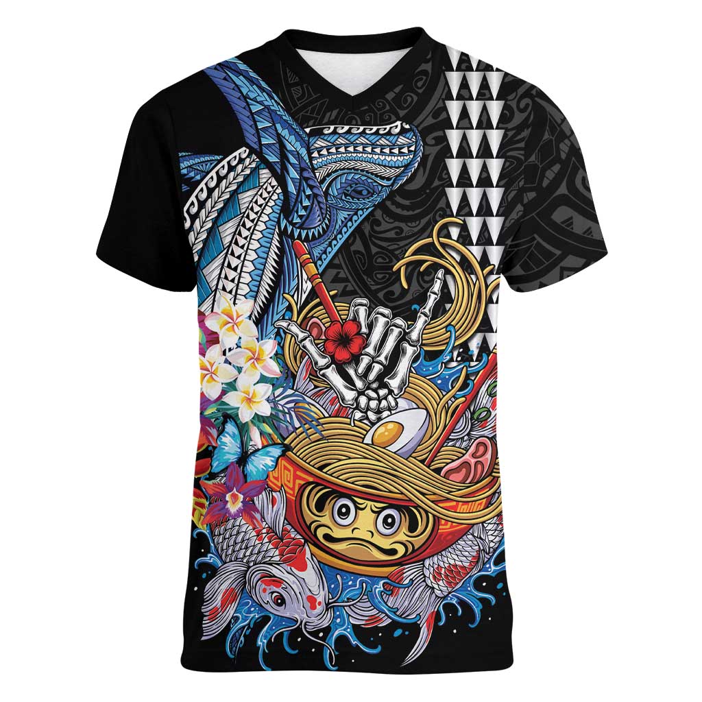Personalized Japanese Koi Fish Ramen Women V-Neck T-Shirt Aloha Shark Kakau Pattern LT9 Female Black - Polynesian Pride