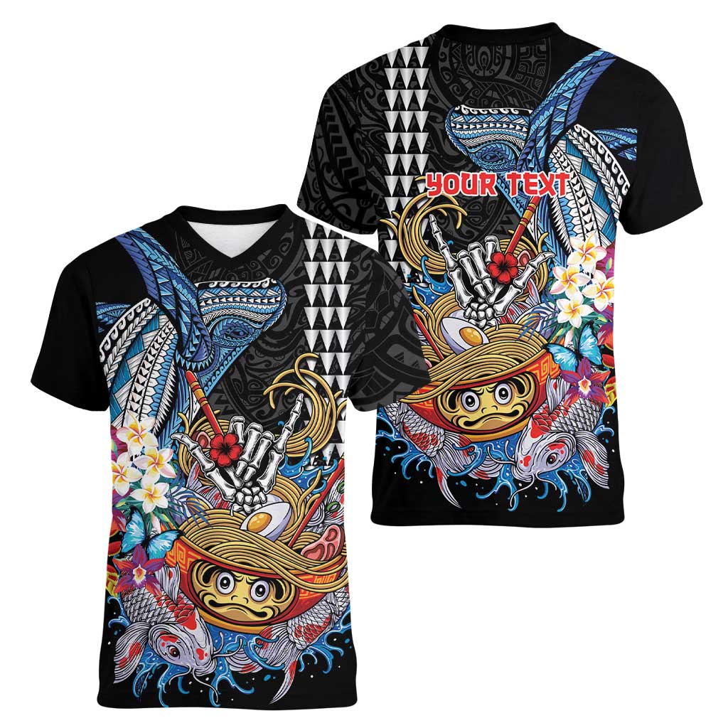 Personalized Japanese Koi Fish Ramen Women V-Neck T-Shirt Aloha Shark Kakau Pattern LT9 - Polynesian Pride
