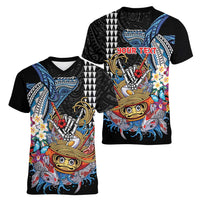Personalized Japanese Koi Fish Ramen Women V-Neck T-Shirt Aloha Shark Kakau Pattern LT9 - Polynesian Pride