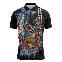 Personalized Japanese Koi Fish Ramen Zipper Polo Shirt Aloha Shark Kakau Pattern LT9 Black - Polynesian Pride