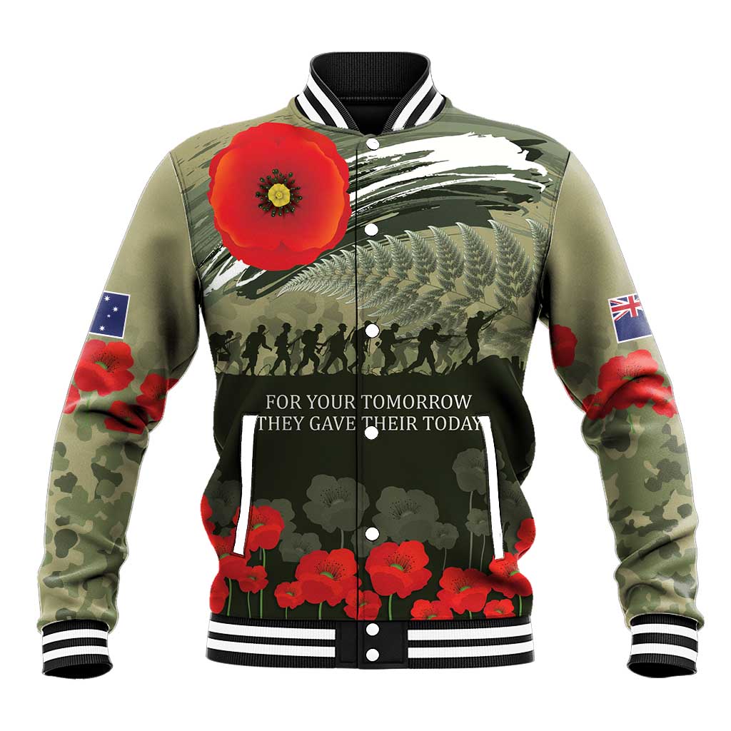 ANZAC Day We Remember Baseball Jacket Maori Silver Fern Camouflage Motif