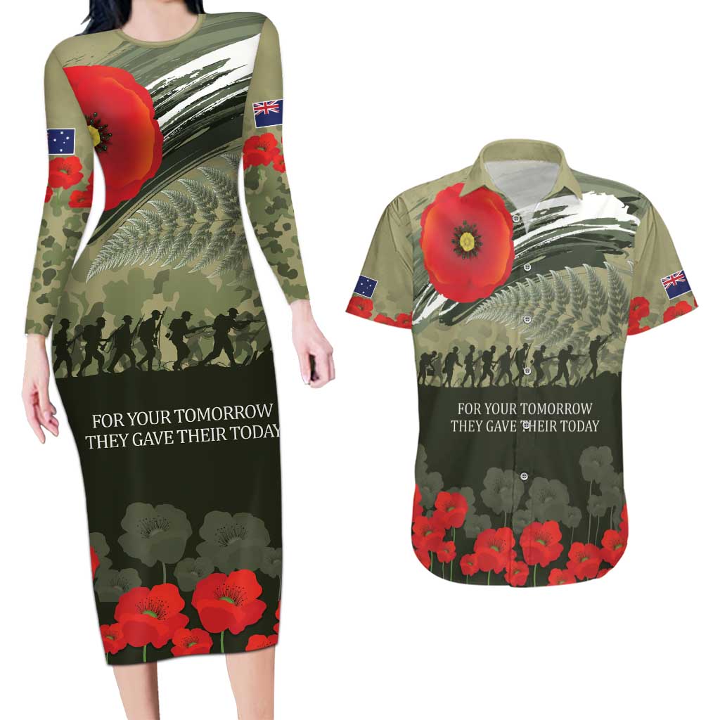 ANZAC Day We Remember Couples Matching Long Sleeve Bodycon Dress and Hawaiian Shirt Maori Silver Fern Camouflage Motif