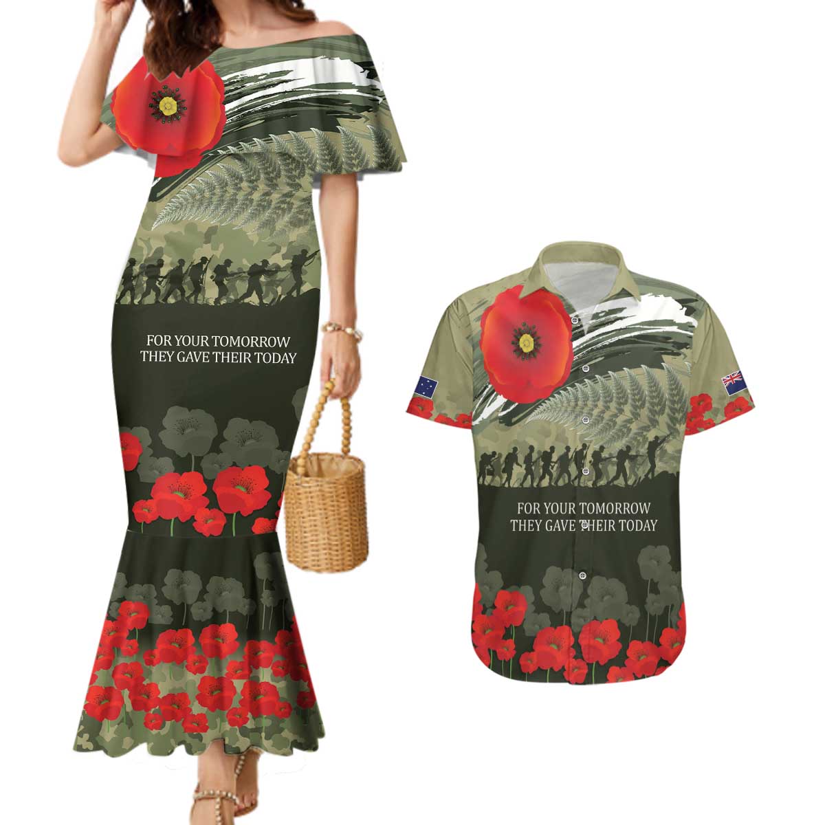 ANZAC Day We Remember Couples Matching Mermaid Dress and Hawaiian Shirt Maori Silver Fern Camouflage Motif