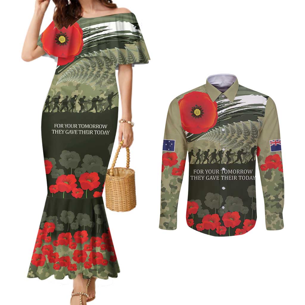 ANZAC Day We Remember Couples Matching Mermaid Dress and Long Sleeve Button Shirt Maori Silver Fern Camouflage Motif LT9 Green - Polynesian Pride