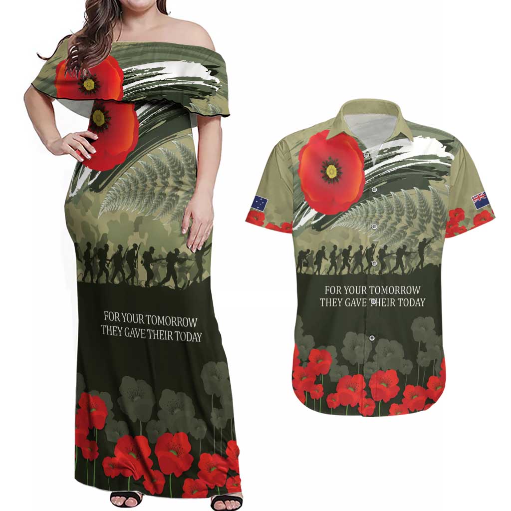 ANZAC Day We Remember Couples Matching Off Shoulder Maxi Dress and Hawaiian Shirt Maori Silver Fern Camouflage Motif