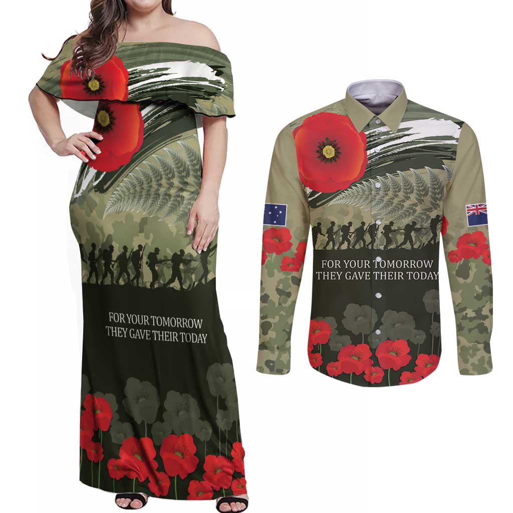 ANZAC Day We Remember Couples Matching Off Shoulder Maxi Dress and Long Sleeve Button Shirt Maori Silver Fern Camouflage Motif LT9 Green - Polynesian Pride