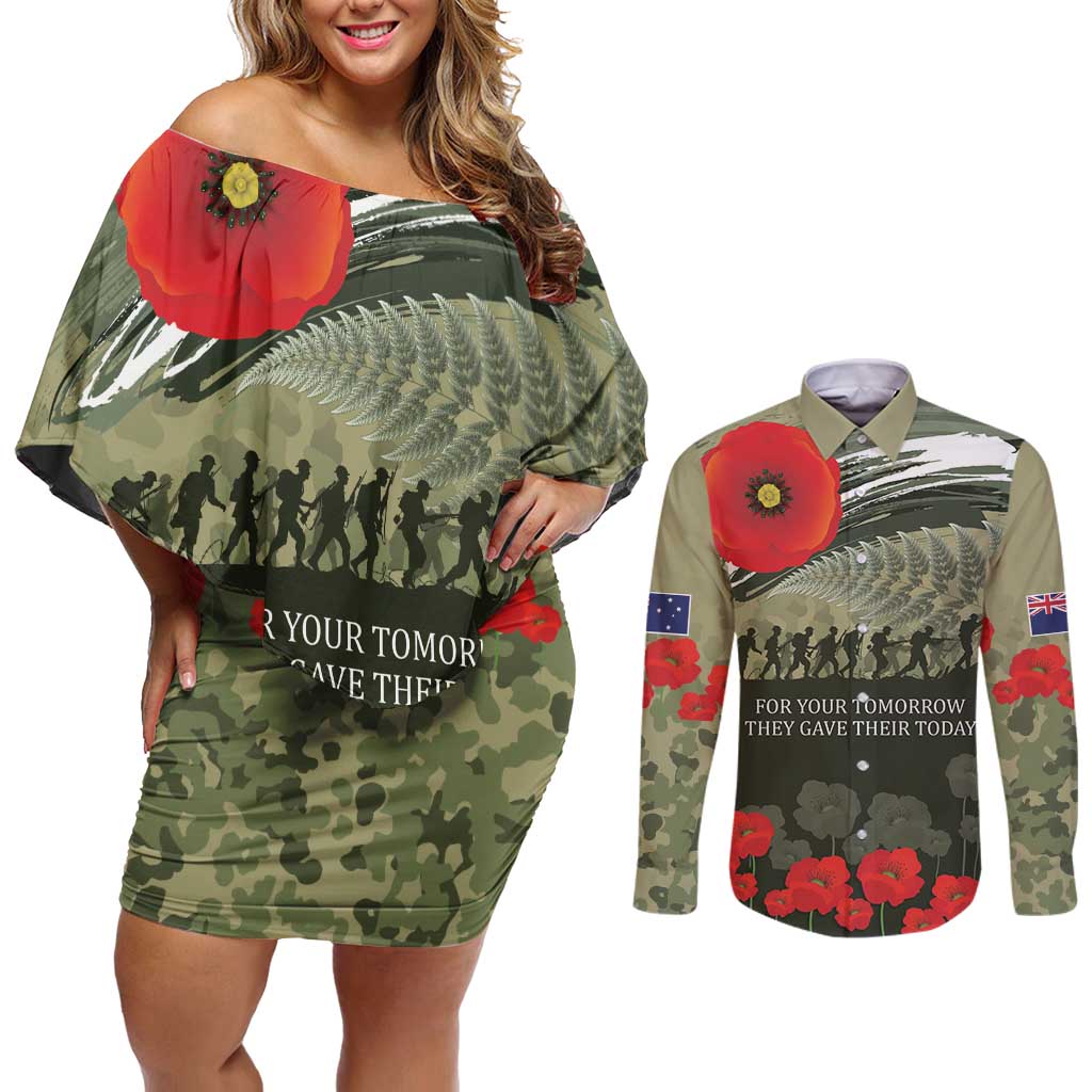 ANZAC Day We Remember Couples Matching Off Shoulder Short Dress and Long Sleeve Button Shirt Maori Silver Fern Camouflage Motif LT9 Green - Polynesian Pride