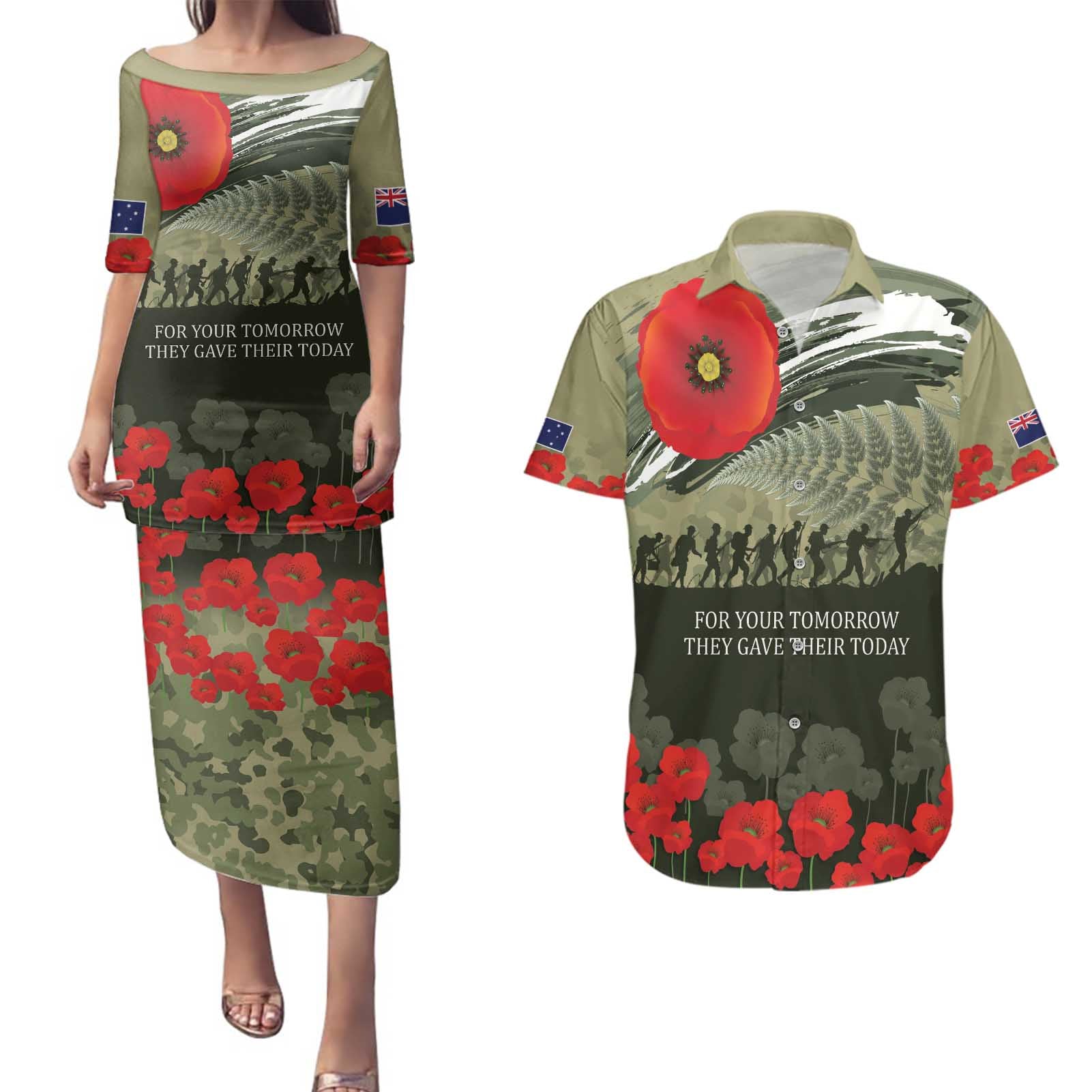 ANZAC Day We Remember Couples Matching Puletasi and Hawaiian Shirt Maori Silver Fern Camouflage Motif