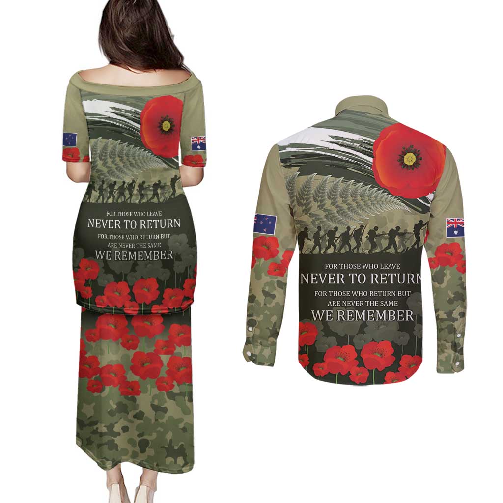 ANZAC Day We Remember Couples Matching Puletasi and Long Sleeve Button Shirt Maori Silver Fern Camouflage Motif LT9 - Polynesian Pride