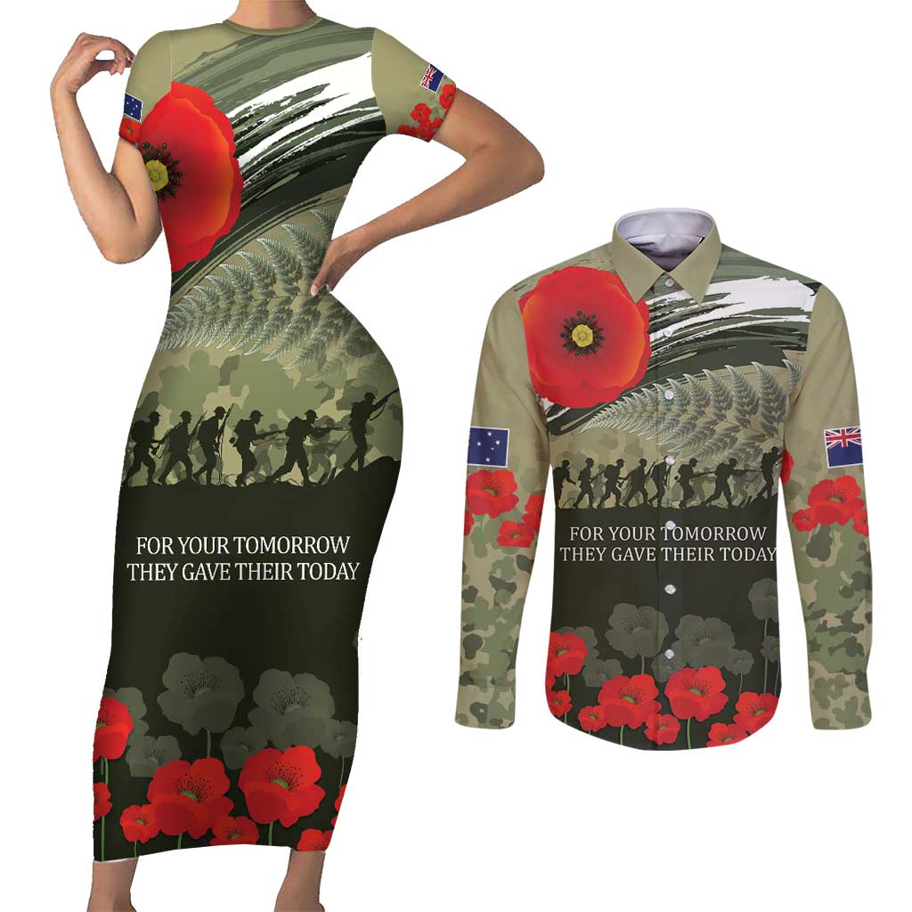 ANZAC Day We Remember Couples Matching Short Sleeve Bodycon Dress and Long Sleeve Button Shirt Maori Silver Fern Camouflage Motif LT9 Green - Polynesian Pride