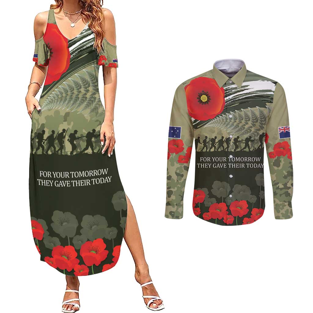 ANZAC Day We Remember Couples Matching Summer Maxi Dress and Long Sleeve Button Shirt Maori Silver Fern Camouflage Motif LT9 Green - Polynesian Pride