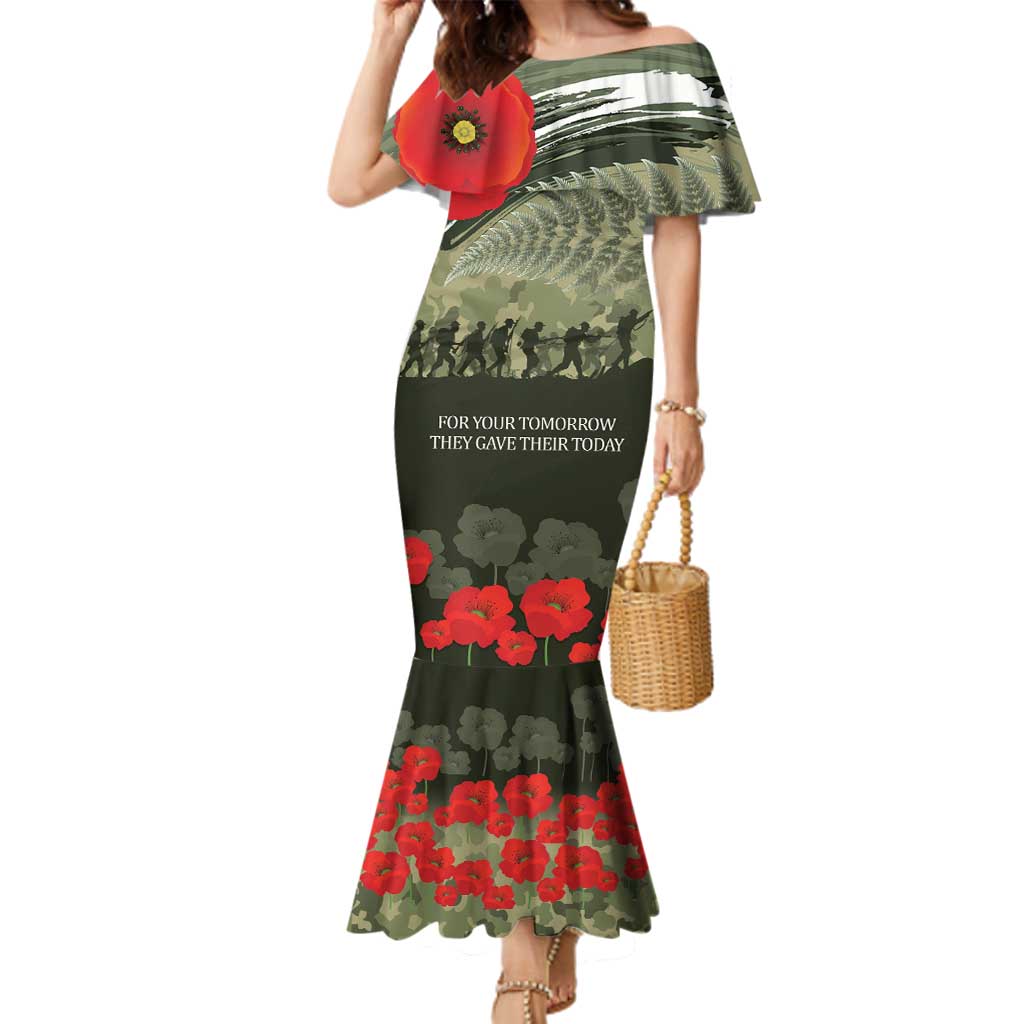 ANZAC Day We Remember Family Matching Mermaid Dress and Hawaiian Shirt Maori Silver Fern Camouflage Motif