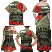 ANZAC Day We Remember Family Matching Off Shoulder Maxi Dress and Hawaiian Shirt Maori Silver Fern Camouflage Motif