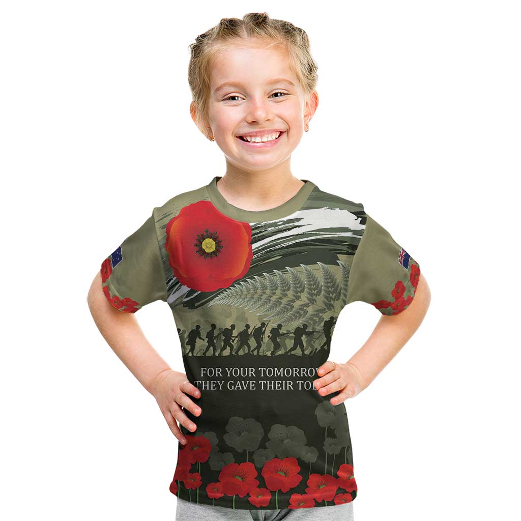 ANZAC Day We Remember Kid T Shirt Maori Silver Fern Camouflage Motif